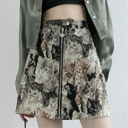 Y2K Sweet Cat Print A Line High Waist Mini Skirt