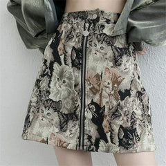Y2K Sweet Cat Print A Line High Waist Mini Skirt