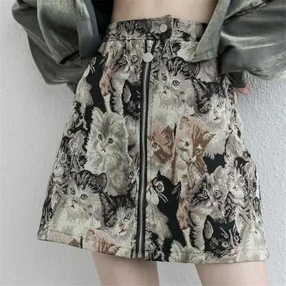 Y2K Sweet Cat Print A Line High Waist Mini Skirt