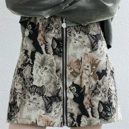 Y2K Sweet Cat Print A Line High Waist Mini Skirt