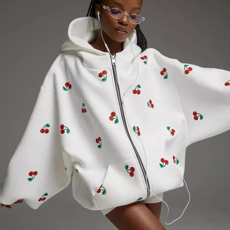Y2K Sweet Cherry Print White Baggy Full Zip Up Hoodie