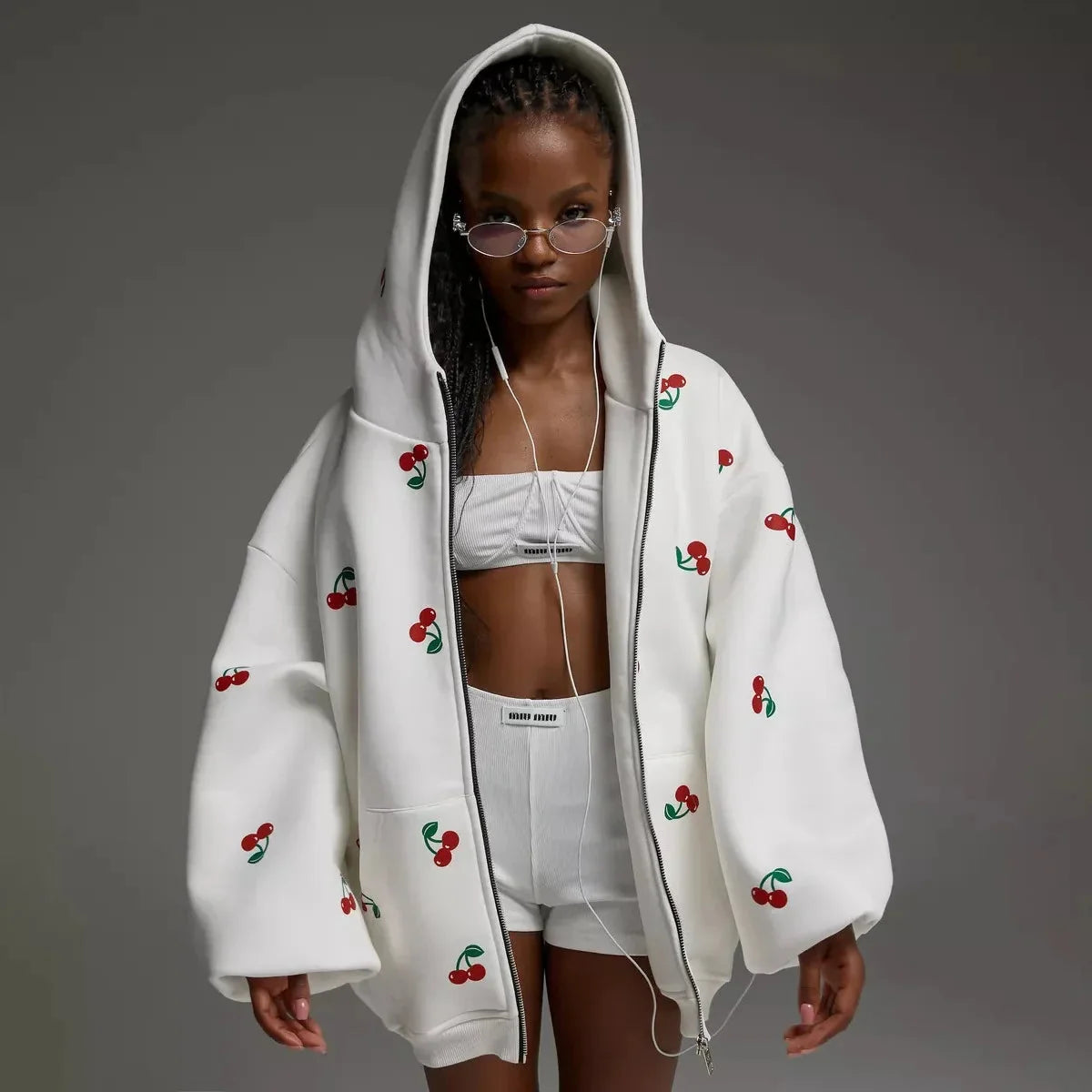 Y2K Sweet Cherry Print White Baggy Full Zip Up Hoodie