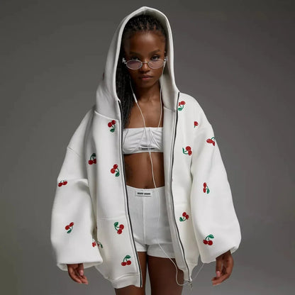 Y2K Sweet Cherry Print White Baggy Full Zip Up Hoodie