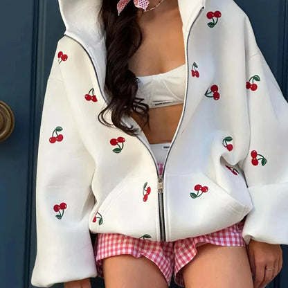Y2K Sweet Cherry Print White Baggy Full Zip Up Hoodie