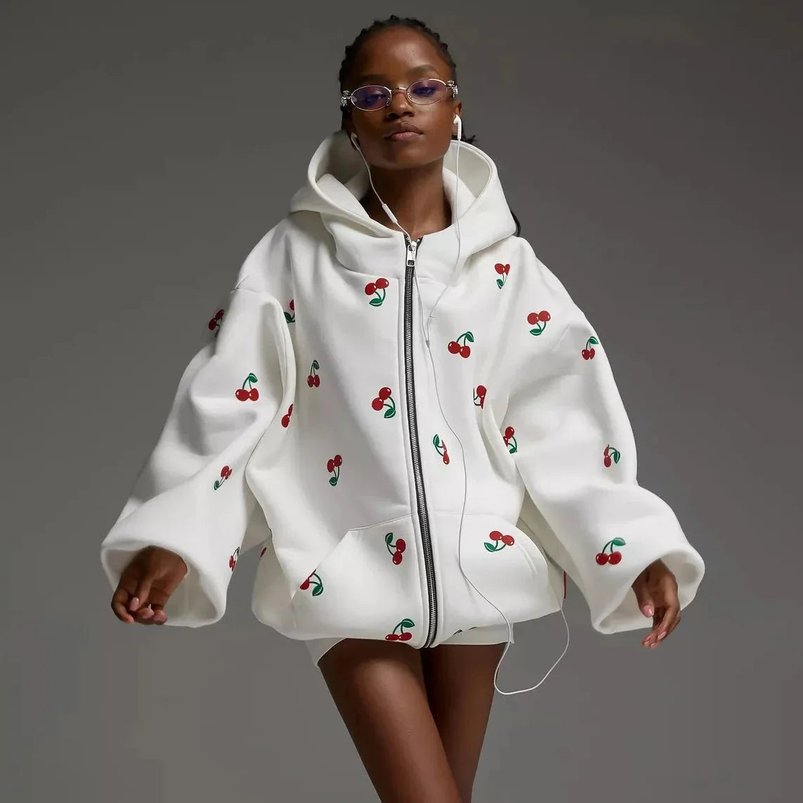 Y2K Sweet Cherry Print White Baggy Full Zip Up Hoodie