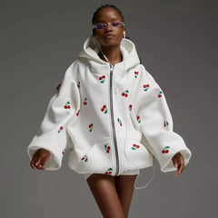 Y2K Sweet Cherry Print White Baggy Full Zip Up Hoodie