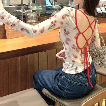 Y2K Thin Mesh Backless Long Sleeve Top