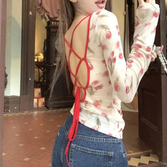 Y2K Thin Mesh Backless Long Sleeve Top