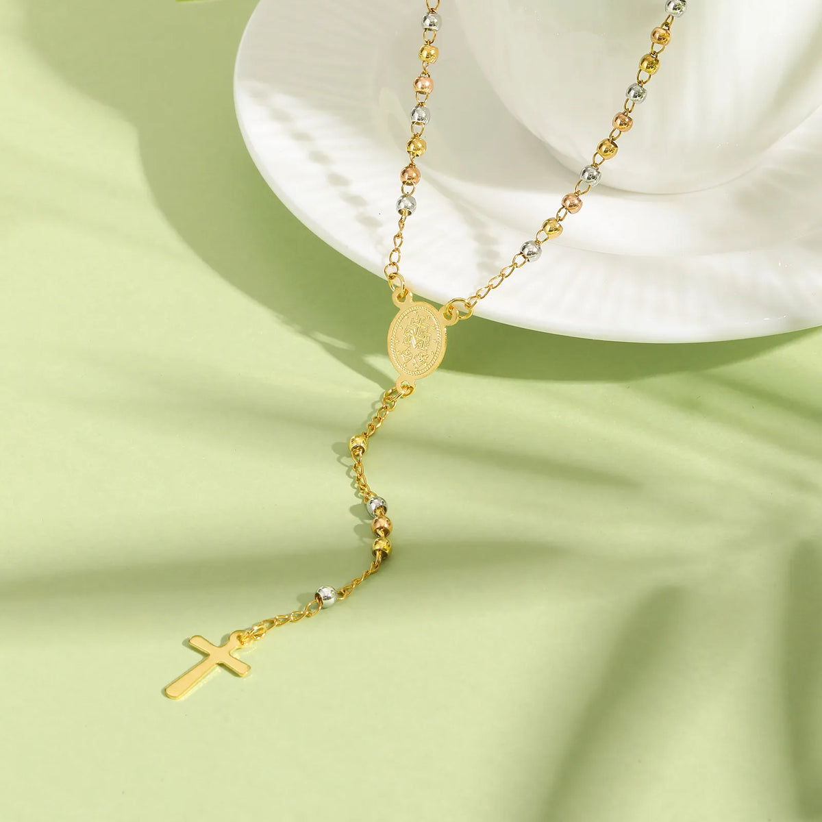 Y2K Three Color Beaded Cross Pendant Necklace