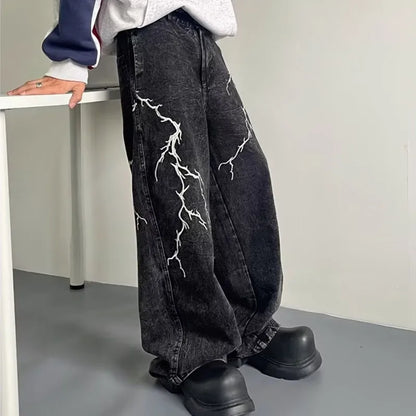 Y2K Thunder and Lightning Black Baggy Jeans