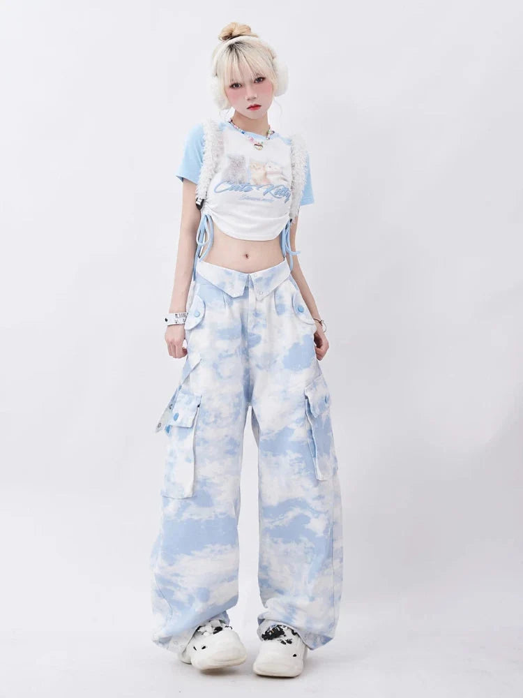 Y2K Tie-Dyed Wide Leg Cargo Trousers