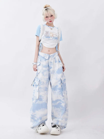 Y2K Tie-Dyed Wide Leg Cargo Trousers