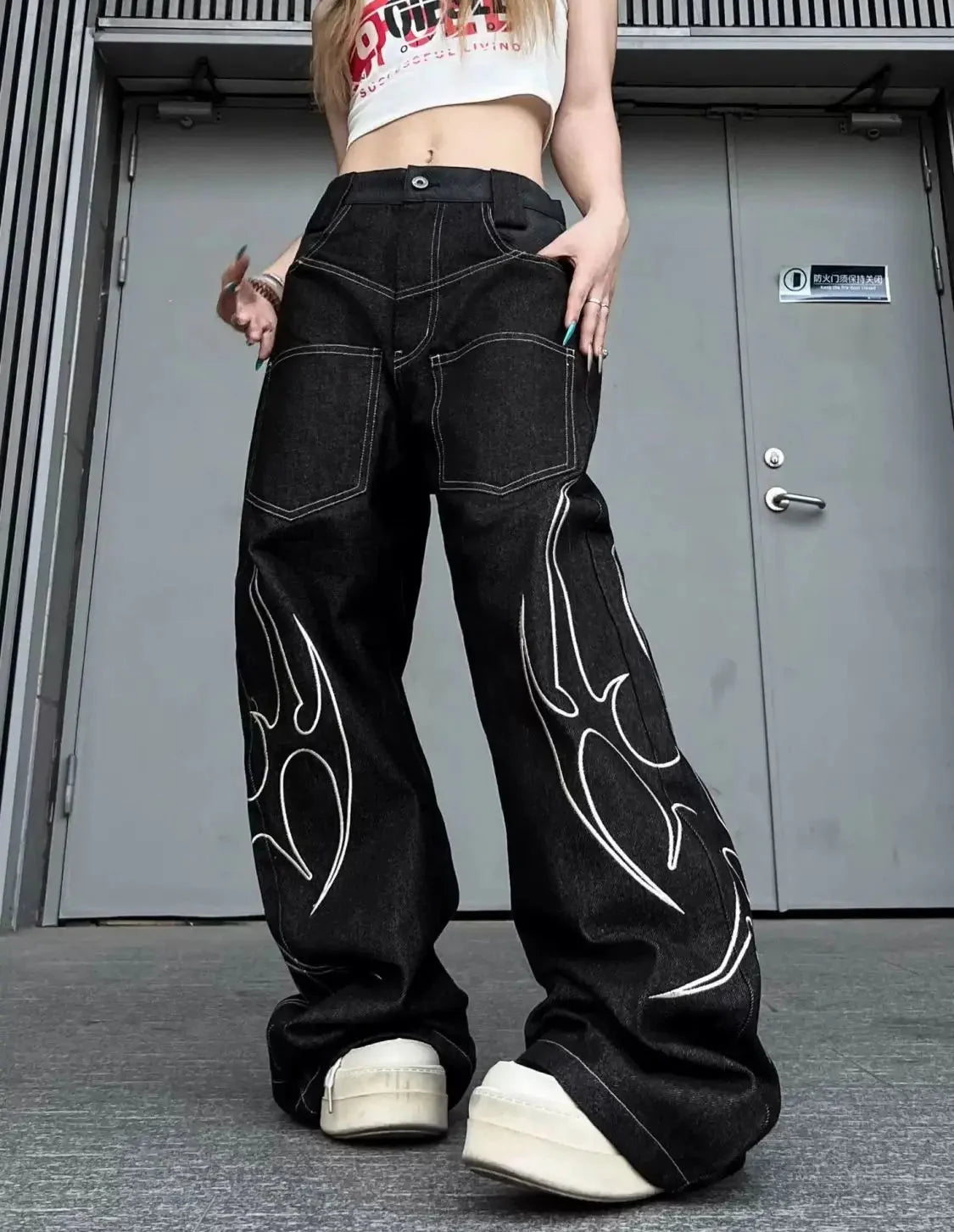 Y2K Totem Print Graphic Wide Leg Baggy Jeans