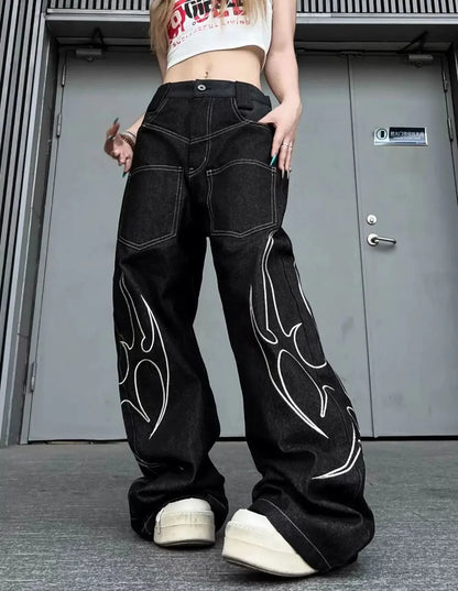 Y2K Totem Print Graphic Wide Leg Baggy Jeans