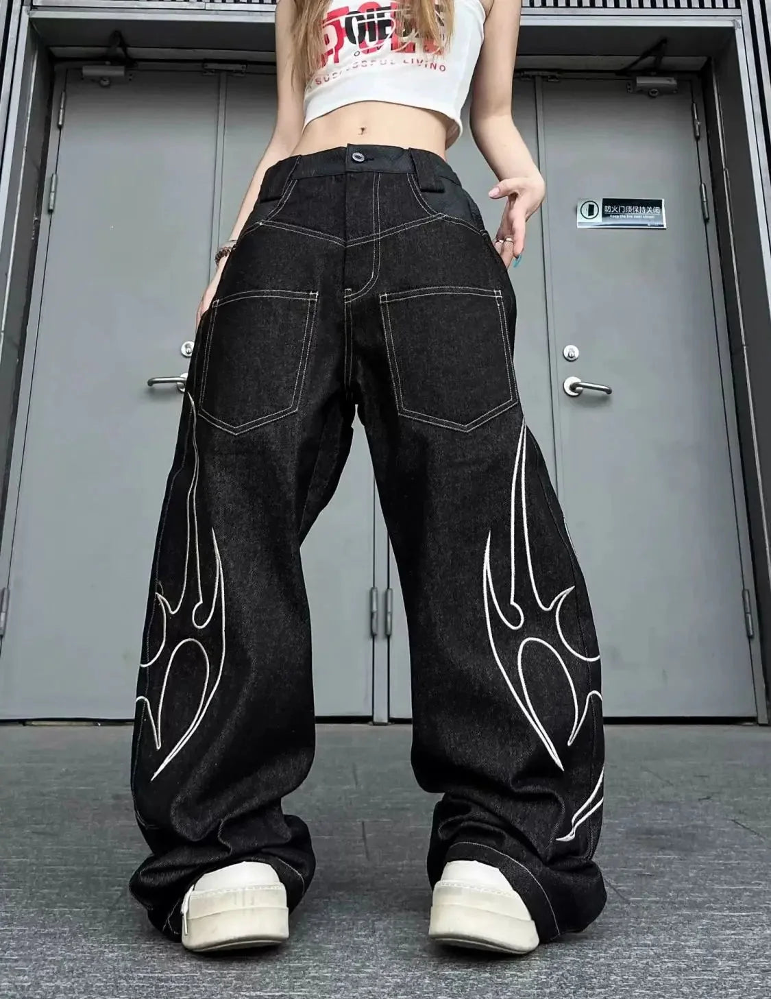 Y2K Totem Print Graphic Wide Leg Baggy Jeans