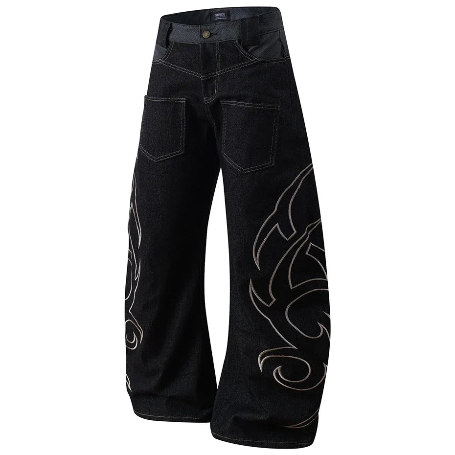 Y2K Tribal Embroidered Baggy Wide Leg Barrel Jeans