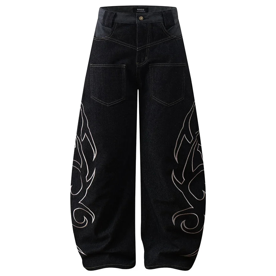 Y2K Tribal Embroidered Baggy Wide Leg Barrel Jeans