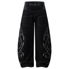 Y2K Tribal Embroidered Baggy Wide Leg Barrel Jeans