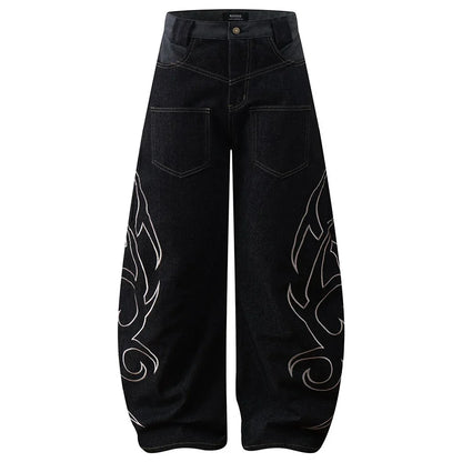 Y2K Tribal Embroidered Baggy Wide Leg Barrel Jeans