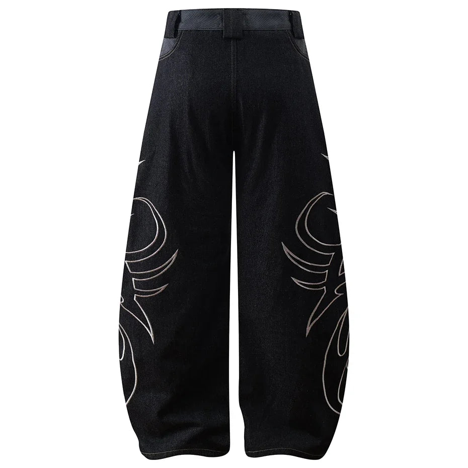Y2K Tribal Embroidered Baggy Wide Leg Barrel Jeans