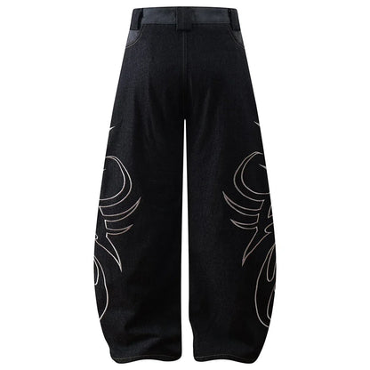 Y2K Tribal Embroidered Baggy Wide Leg Barrel Jeans
