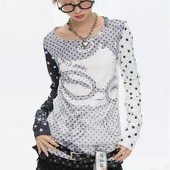 Y2K Vintage Anime Womens Polka Dot Long Sleeve Top