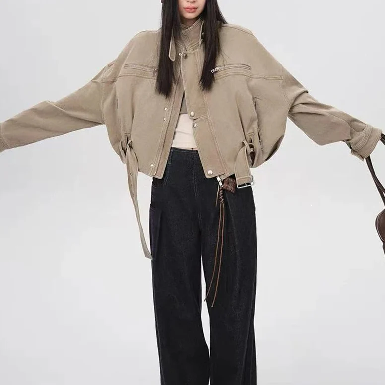 Y2K Vintage Crop Cargo Stand Collar Jacket