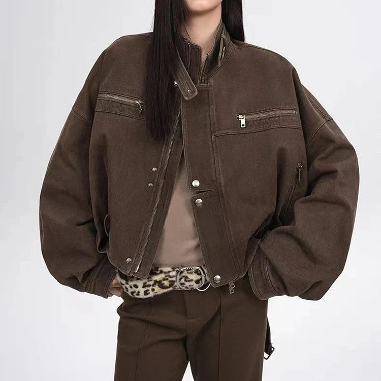 Y2K Vintage Crop Cargo Stand Collar Jacket