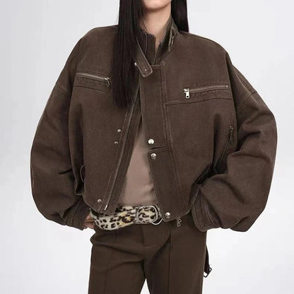 Y2K Vintage Crop Cargo Stand Collar Jacket