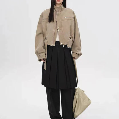 Y2K Vintage Crop Cargo Stand Collar Jacket