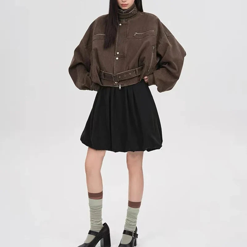 Y2K Vintage Crop Cargo Stand Collar Jacket