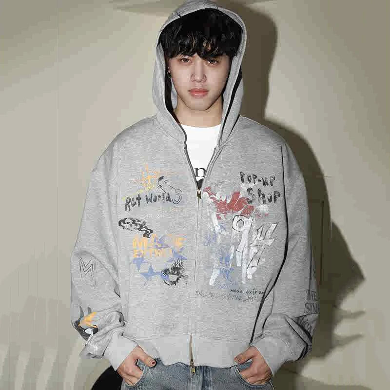 Y2K Vintage Graffiti Graphic Zip Up Hoodie