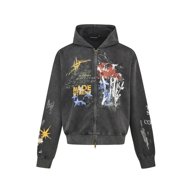 Y2K Vintage Graffiti Graphic Zip Up Hoodie