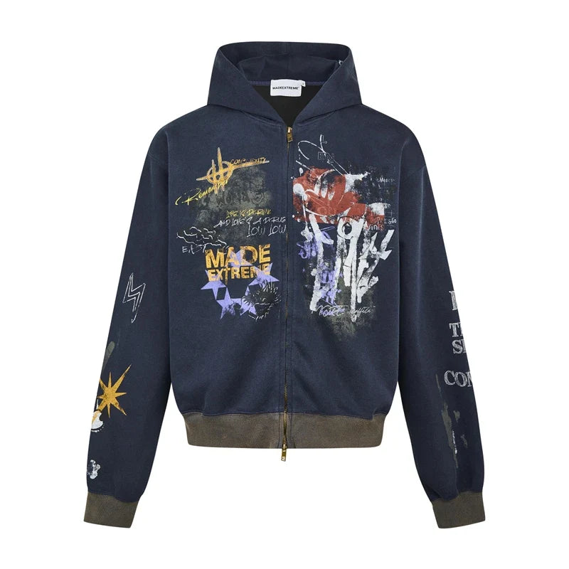 Y2K Vintage Graffiti Graphic Zip Up Hoodie