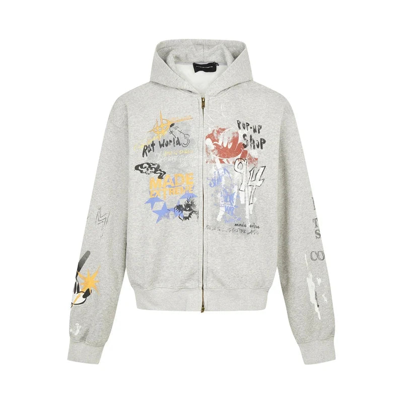 Y2K Vintage Graffiti Graphic Zip Up Hoodie