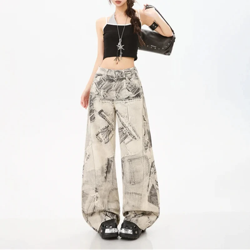 Y2K Vintage Print Wide Leg Baggy Jeans