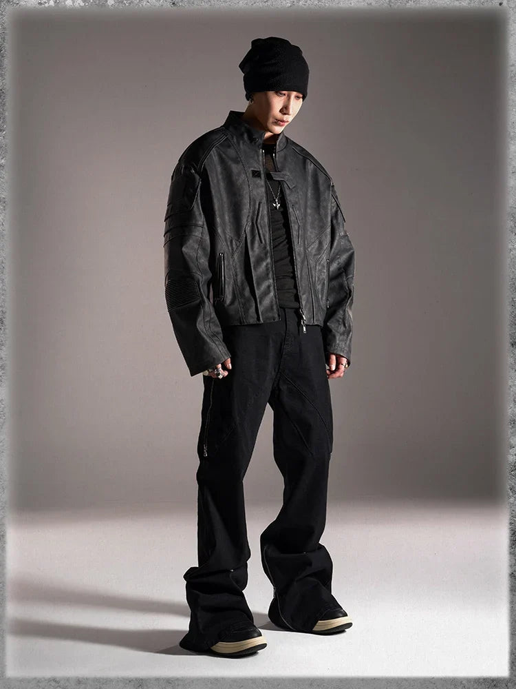 Y2K Vintage Short Distressed Black Faux Leather Jacket