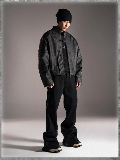 Y2K Vintage Short Distressed Black Faux Leather Jacket