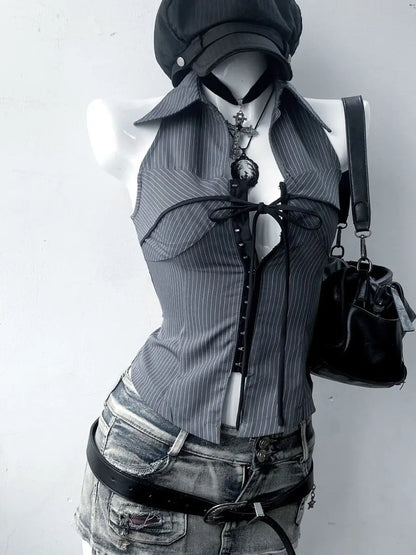 Y2K Vintage Striped Collared Sleeveless Low Cut Top