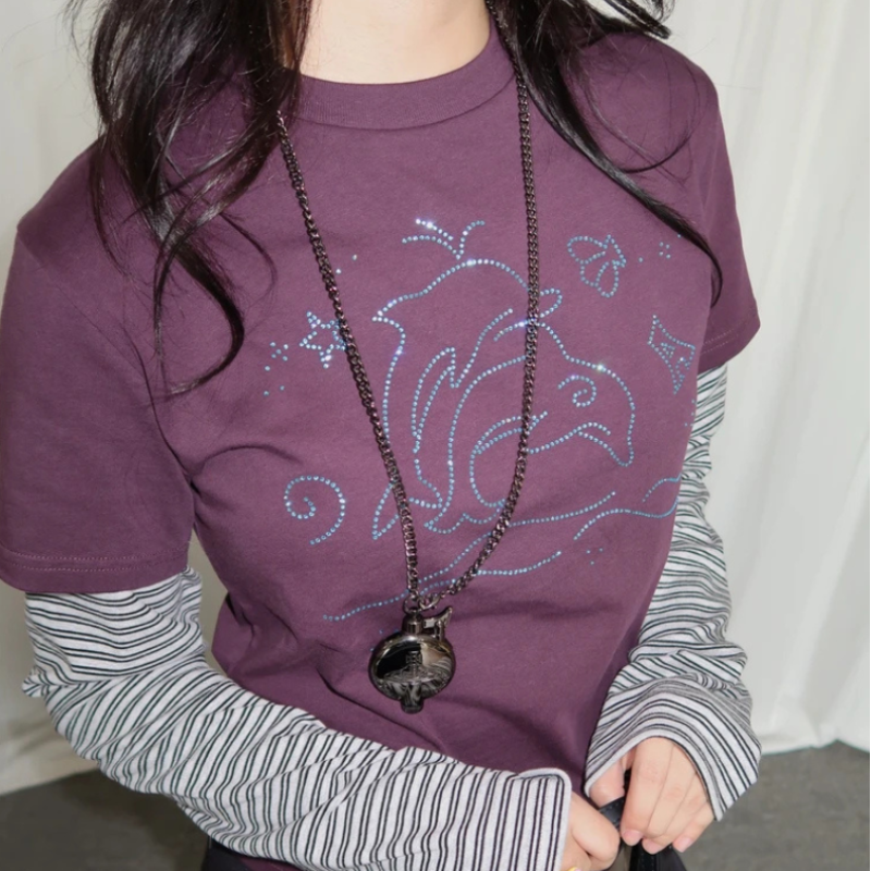 Y2K Vintage Striped Dolphin Graphic Long Sleeve Top