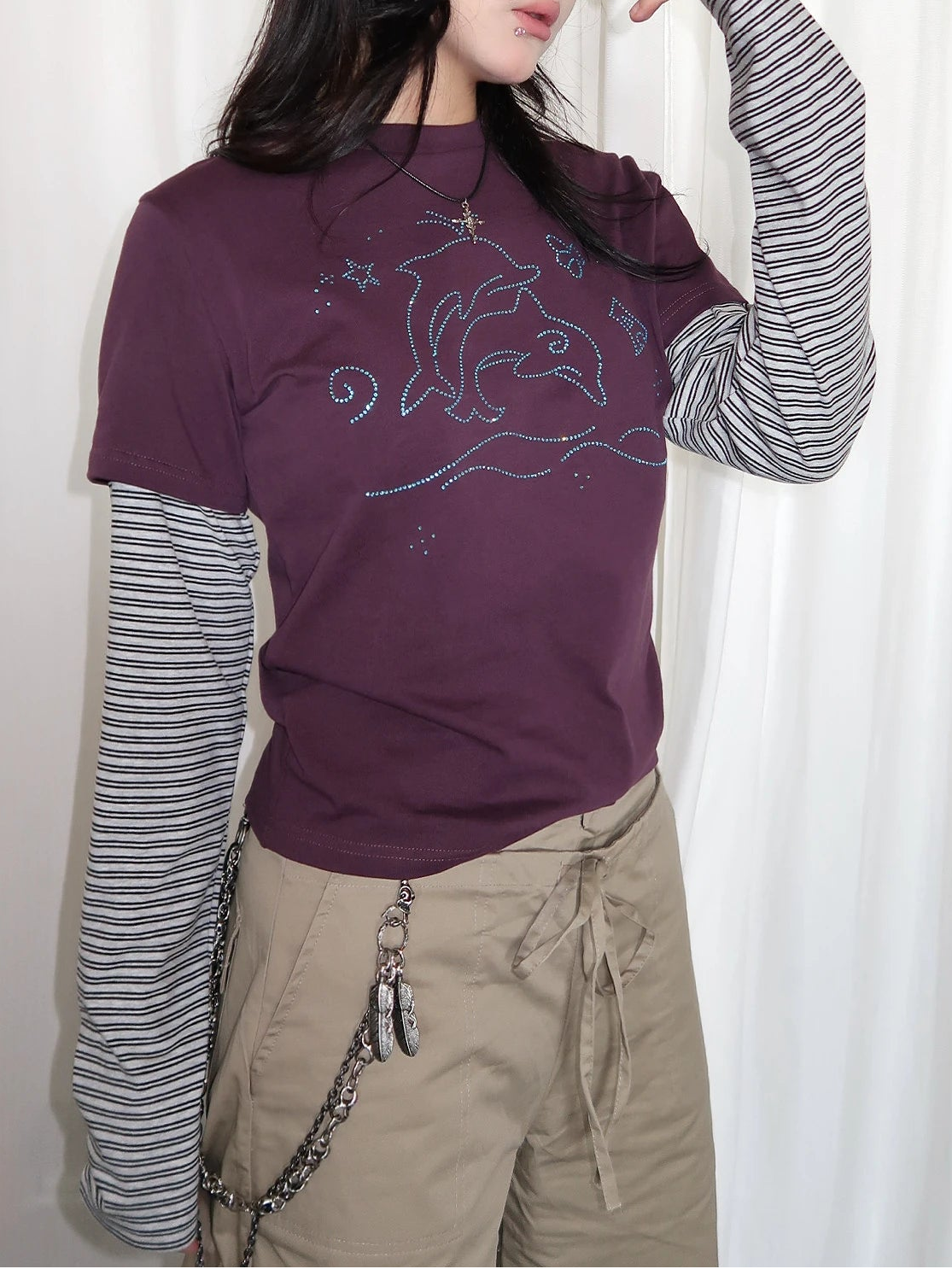 Y2K Vintage Striped Dolphin Graphic Long Sleeve Top