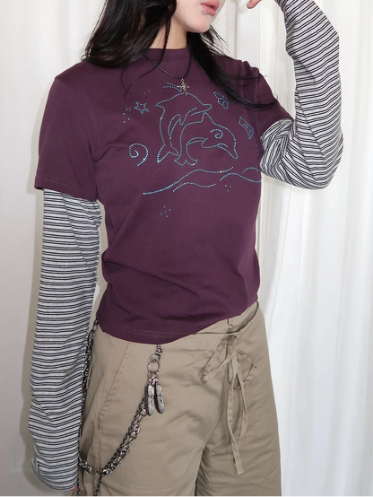 Y2K Vintage Striped Dolphin Graphic Long Sleeve Top