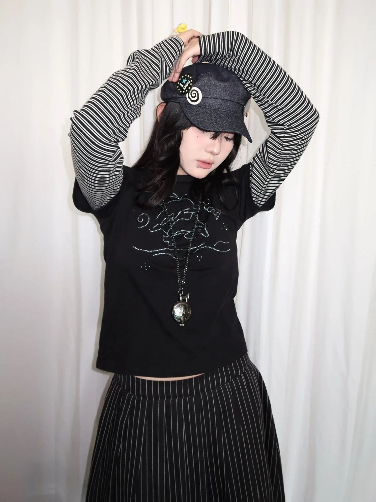 Y2K Vintage Striped Dolphin Graphic Long Sleeve Top