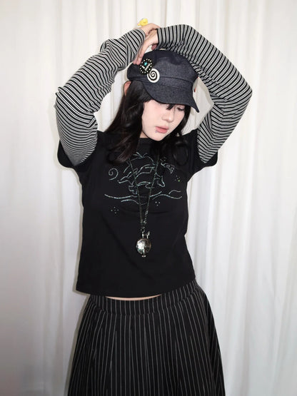 Y2K Vintage Striped Dolphin Graphic Long Sleeve Top