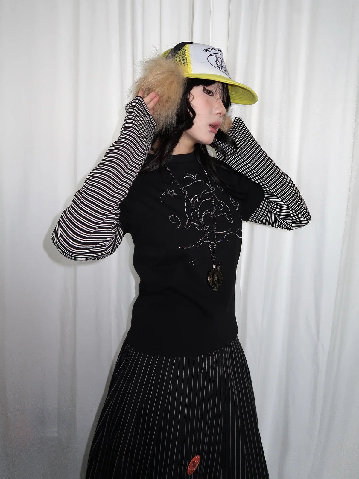 Y2K Vintage Striped Dolphin Graphic Long Sleeve Top