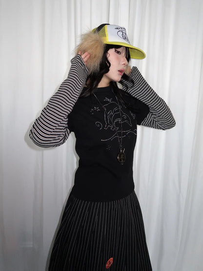 Y2K Vintage Striped Dolphin Graphic Long Sleeve Top
