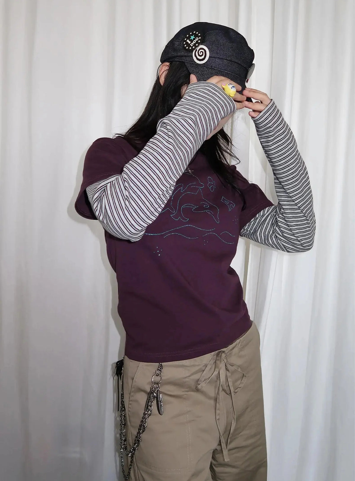 Y2K Vintage Striped Dolphin Graphic Long Sleeve Top
