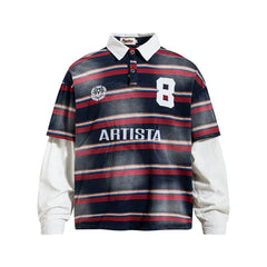 Y2K Vintage Striped Washed Mock Two Layer Polo Shirt