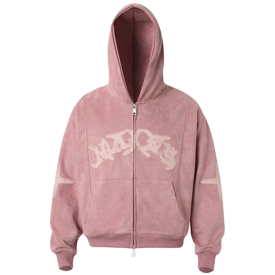 Y2K Vintage Suede Patchwork Zip Up Hoodie