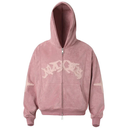 Y2K Vintage Suede Patchwork Zip Up Hoodie
